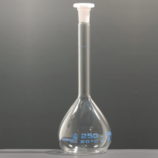 Volumetric flask w/ plastic stopper blue printed 14/23 250 ml