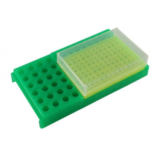 PCR work up rack and workstation assembly with lid (Item # 5230-29 clipped into Item # 5210-29)